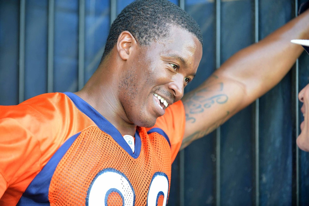  Denver Broncos wide receiver Demaryius Thomas speaks to the local media following OTAs at the Broncos' training facility. Ron Chenoy-USA TODAY Sports