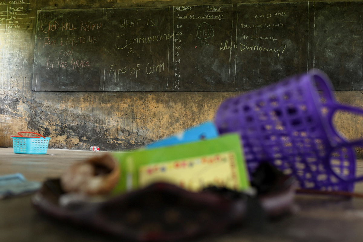 Notes that were written on a blackboard during a class session May 15, 2026, remain at the L.A. Primary School, where dozens of children and teachers were abducted, in Oyo State, Nigeria, June 2, 2026. REUTERS/Sodiq Adelakun
