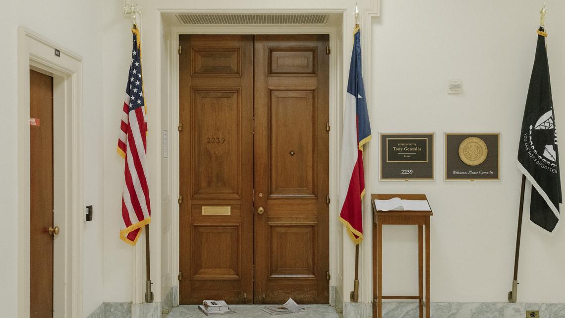 Newspapers in front of former Rep. Tony Gonzales' office at the Cannon House Office Building in Washington on Tuesday. Aides to Govs. Greg Abbott of Texas and Gavin Newsom of California are weighing whether to call quick elections to replace Gonzales and Eric Swalwell, respectively, House members accused of sexual misconduct.