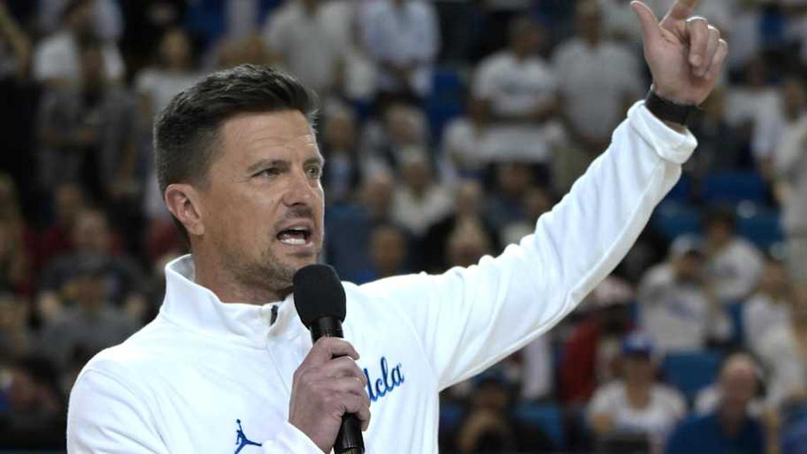  Jan 31, 2026; Los Angeles, California, USA; UCLA Bruins head football coach Bob Chesney is introduced during the basketball game against the Indiana Hoosiers at Pauley Pavilion presented by Wescom Financial. Mandatory Credit: Jayne Kamin-Oncea-Imagn Images | Jayne Kamin-Oncea-Imagn Images 