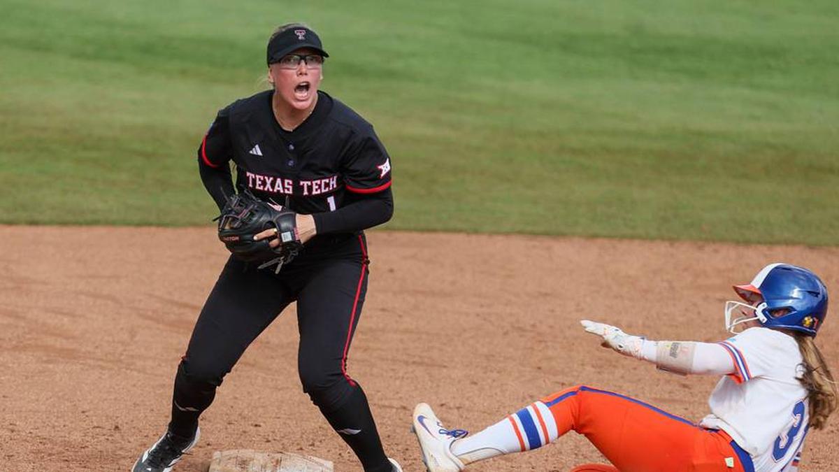  Texas Tech second baseman Mia Williams gets Florida infielder Kenleigh Cahalan out at second. | Alan Youngblood/Gainesville Sun / USA TODAY NETWORK via Imagn Images 