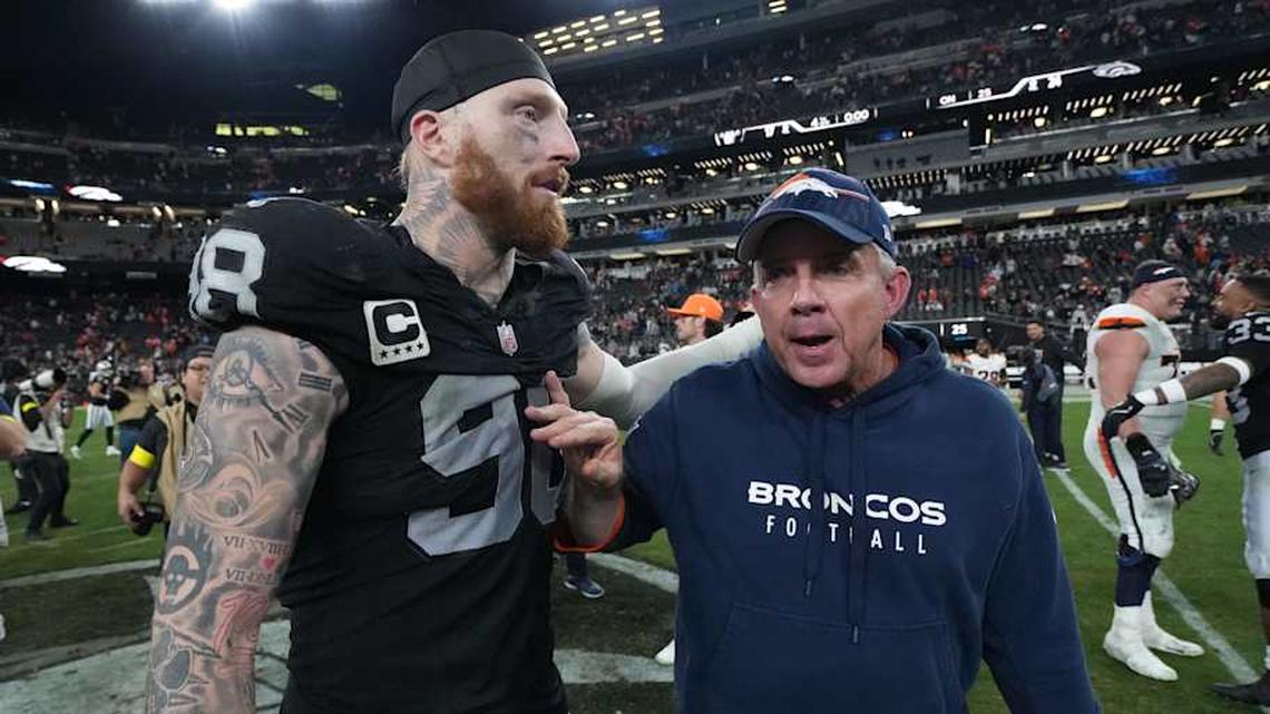  Las Vegas Raiders defensive end Maxx Crosby (98) and Denver Broncos head coach Sean Payton meet on the field | Kirby Lee-Imagn Images 