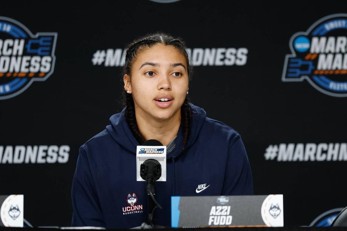  Mar 26, 2026; Fort Worth, TX, USA; UConn Huskies guard Azzi Fudd (35) speaks during a press conference ahead of the women's 2026 NCAA Tournament at Dickies Arena. Mandatory Credit: Chris Jones-Imagn Images 
