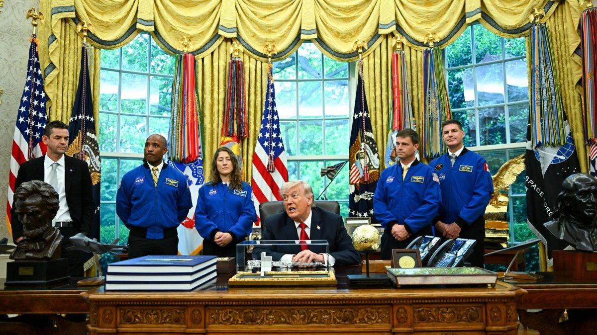 NASA Administrator Jared Isaacman, Artemis II pilot Victor Glover, mission specialist Christina Koch, commander Reid Wiseman and mission specialist Jeremy Hansen (L to R) meet with President Donald Trump on Wednesday in the Oval Office of the White House.