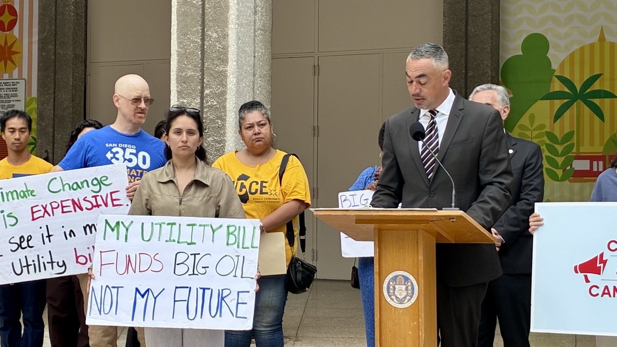 San Diego City Councilmember Sean Elo-Rivera speaks at a news conference at Civic Center Plaza on June 16, 2026, advocating for a resolution urging the California Legislature to pass a slew of bills aimed at lowering utility bills. (Rob Nikolewski/The San Diego Union-Tribune)