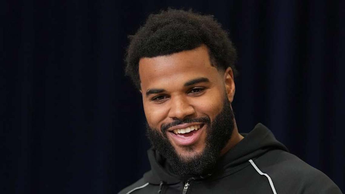  Feb 25, 2026; Indianapolis, IN, USA; Miami defensive lineman Akheem Mesidor (DL51) speaks during the NFL Scouting Combine at the Indiana Convention Center. Mandatory Credit: Kirby Lee-Imagn Images | Kirby Lee-Imagn Images 