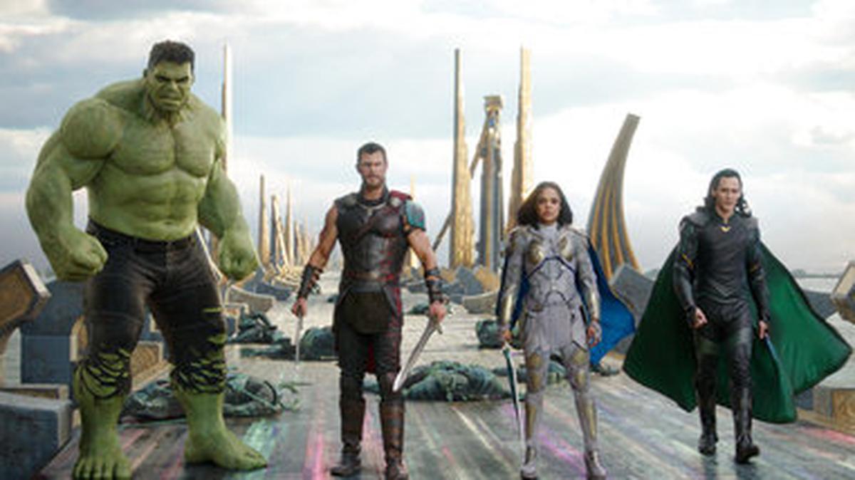 This image released by Marvel Studios shows the Hulk, from left, Chris Hemsworth as Thor, Tessa Thompson as Valkyrie and Tom Hiddleston as Loki in a scene from, "Thor: Ragnarok."