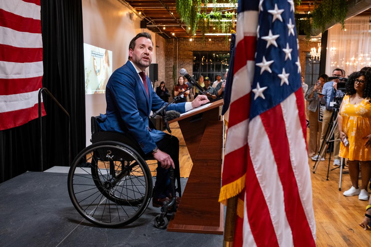 Josh Turek, an Iowa state lawmaker, addresses supporters at his watch party on the night off the Democratic Senate primary in Des Moines on Tuesday, June 2, 2026. Turek, a Paralympic gold medalist, coasted to victory over Zach Wahls, a progressive state senator, and will face Rep. Ashley Hinson, a Republican, in the general election to succeed Sen. Joni Ernst. (KC McGinnis/The New York Times)