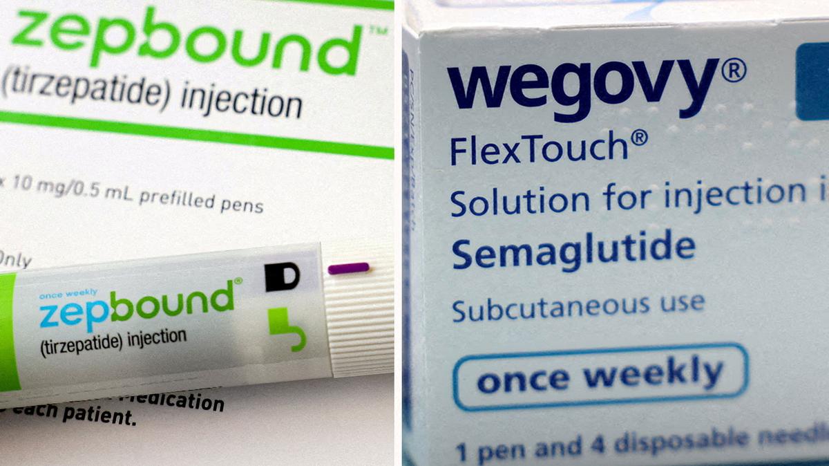 FILE PHOTO: A combination image shows an injection pen of Zepbound, Eli Lilly's weight loss drug, and boxes of Wegovy, made by Novo Nordisk. REUTERS/Hollie Adams/Brendan McDermid/Combination/File Photo