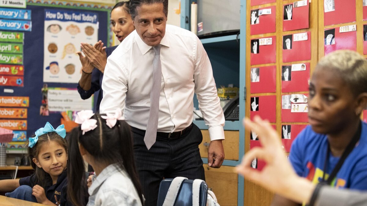 LAUSD Superintendent Alberto Carvalho interacts with students in a classroom at Marlton School in Los Angeles on August 15, 2022. Carvalho submitted his resignation to the LAUSD school board on Sunday. File Photo by Etienne Laurent/EPA-EFE