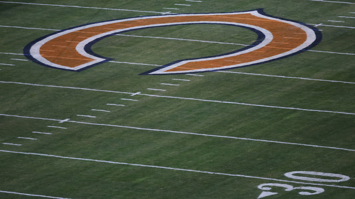 Dec 26, 2024; Chicago, Illinois, USA; The Chicago Bears logo is seen at midfield prior to a game between the Chicago Bears and Seattle Seahawks at Soldier Field. Mandatory Credit: Talia Sprague-Imagn Images