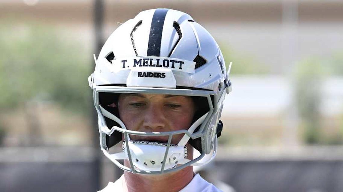  Jun 11, 2025; Henderson, NV, USA; Las Vegas Raiders wide receiver Tommy Mellott (19) looks on during Las Vegas Raiders Minicamp at Intermountain Health Performance Center. Mandatory Credit: Candice Ward-Imagn Images | Candice Ward-Imagn Images 