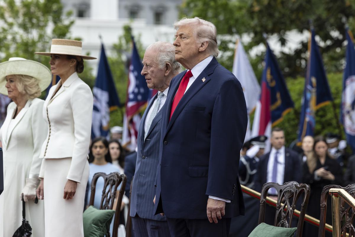 From right: President Donald Trump, King Charles III, first lady Melania Trump and Queen Camilla during an arrival ceremony on the South Lawn of the White House in Washington, on Tuesday, April 28, 2026. (Anna Rose Layden/The New York Times)