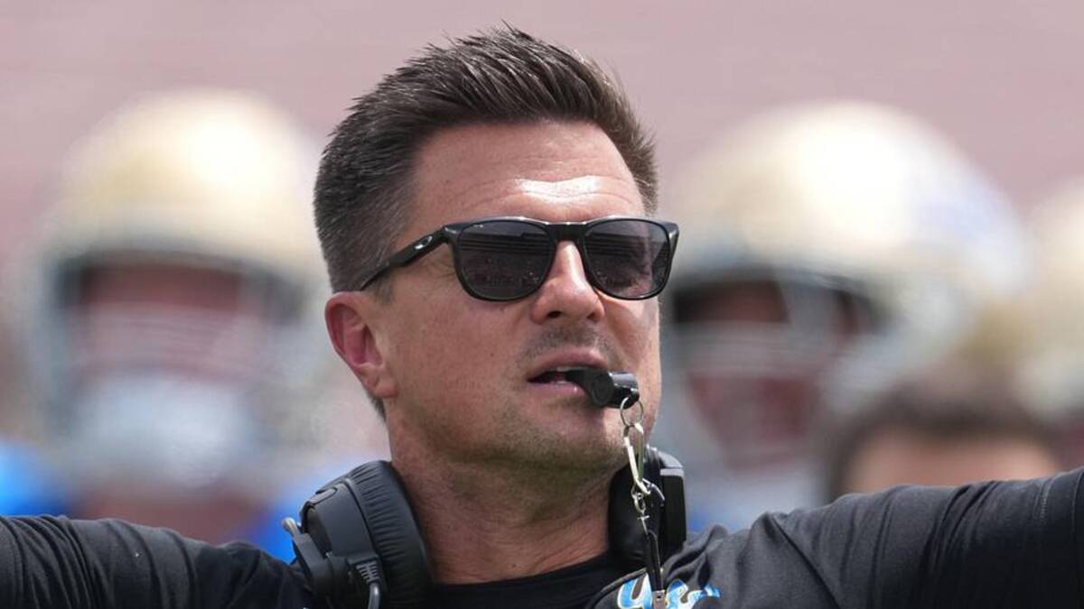  May 2, 2026; Pasadena, CA, USA; UCLA Bruins coach Bob Chesney reacts during the spring game at Rose Bowl. Mandatory Credit: Kirby Lee-Imagn Images | Kirby Lee-Imagn Images 