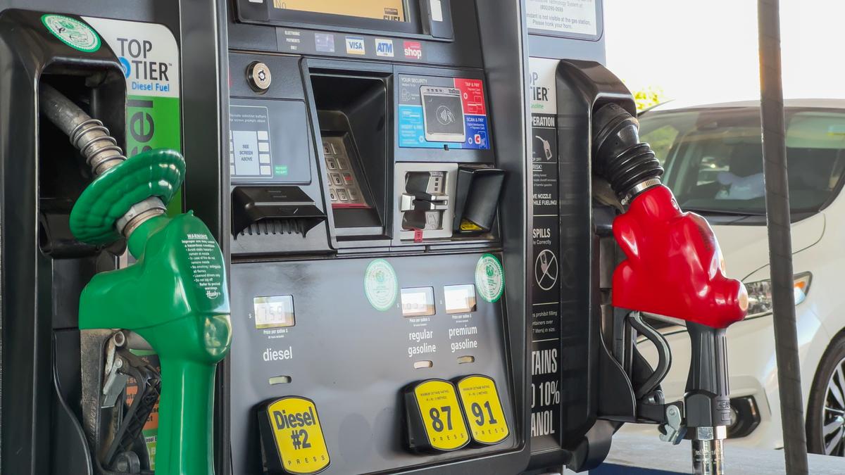  Gas station pumps are shown in Santa Maria, California, on July 21, 2024. 