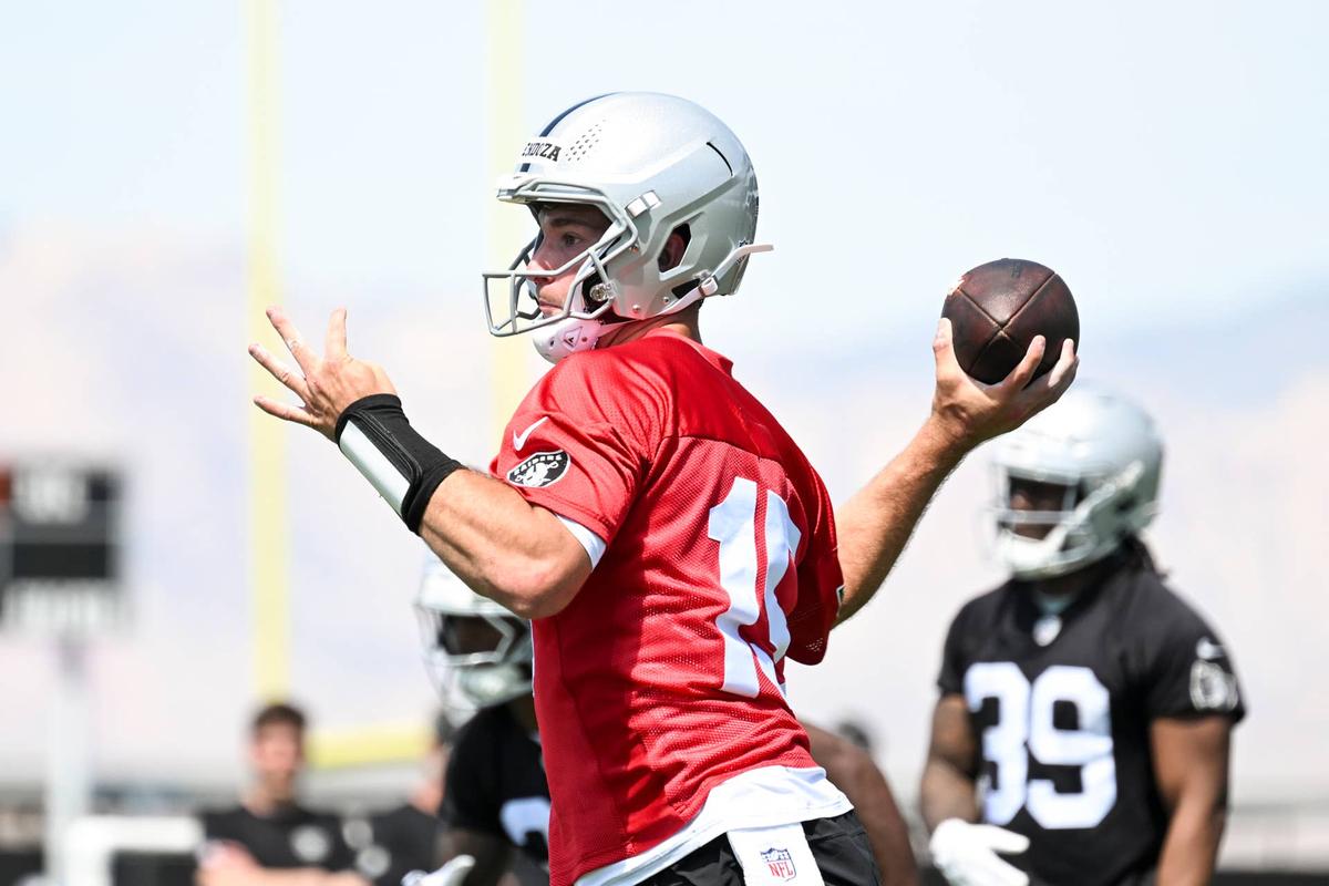  Las Vegas Raiders quarterback Fernando Mendoza runs through a drill during a Rookie Minicamp. Candice Ward-Imagn Images