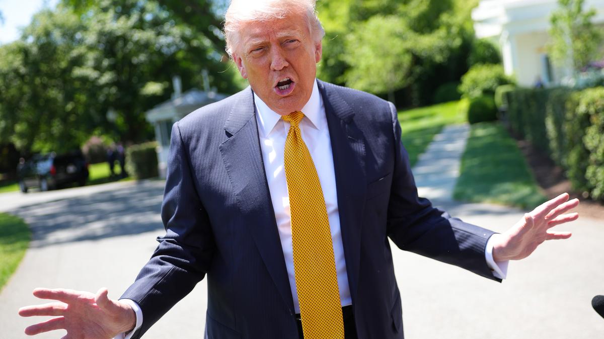 President Trump Departs Washington For Trip To China. U.S. President Donald Trump speaks to the press as he departs the White House on May 12, 2026 in Washington, DC. 