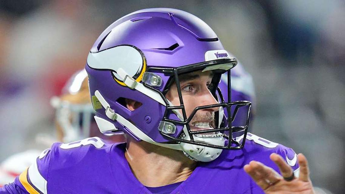  Oct 23, 2023; Minneapolis, Minnesota, USA; Minnesota Vikings quarterback Kirk Cousins (8) passes against the San Francisco 49ers in the first quarter at U.S. Bank Stadium. Mandatory Credit: Brad Rempel-Imagn Images | Brad Rempel-Imagn Images 