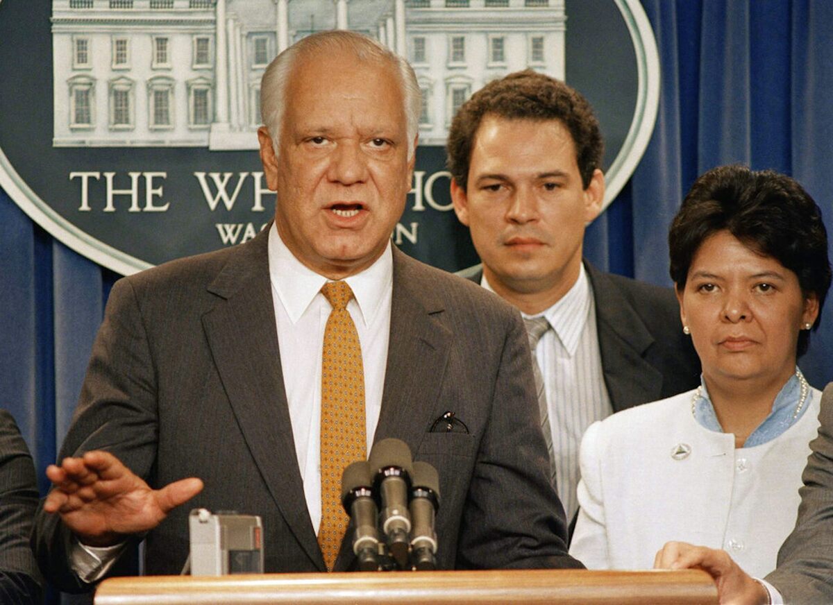  Contra leaders Adolfo Calero, left, with Pedro Joaquin Chamorro and Mario Azucena Ferrey, talk with reporters in 1987 in the White House briefing room after a meeting with President Ronald Reagan. AP Photo / Scott Stewart 