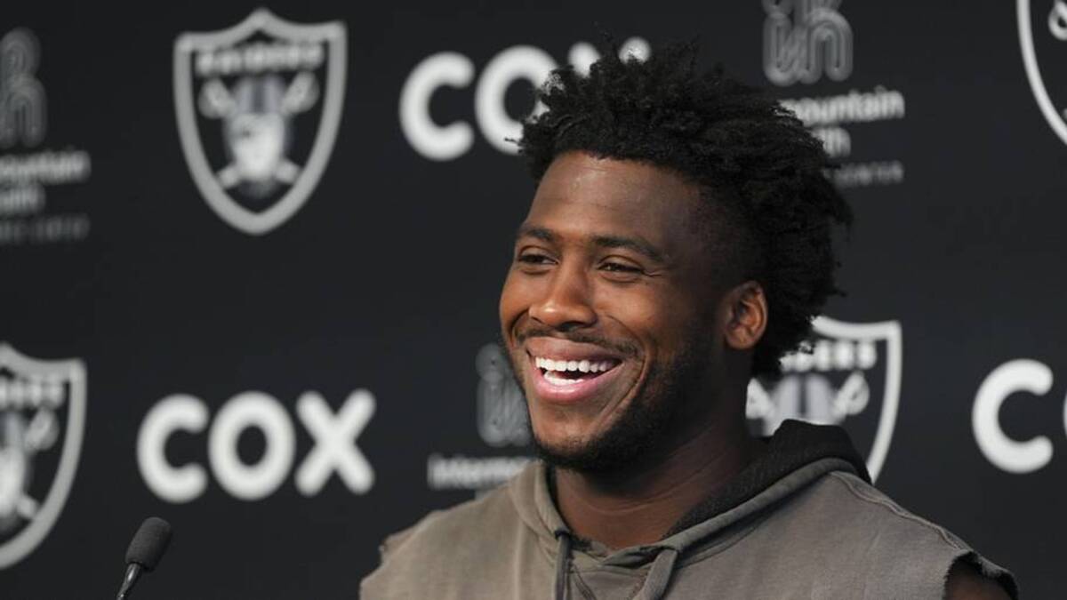  Jun 3, 2026; Henderson, NV, USA; Las Vegas Raiders defensive end Malcolm Koonce (51) speaks during a news conference during organized team activities at Intermountain Health Performance Center. Mandatory Credit: Candice Ward-Imagn Images | Candice Ward-Imagn Images 