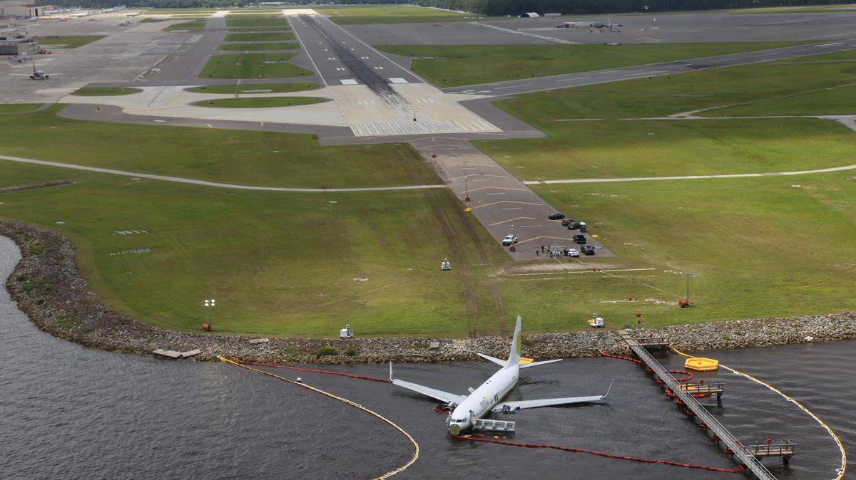 FILE PHOTO: Aerial view of the Miami Air International Boeing 737-800 that overran the runway at NAS Jacksonville and came to rest in the St Johns River in Jacksonville, Florida, U.S., May 4, 2019. NTSB/Handout via REUTERS/File Photo