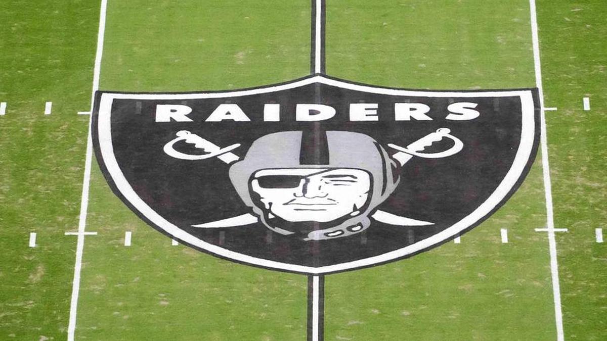  Jan 4, 2026; Paradise, Nevada, USA; The Las Vegas Raiders shield logo at midfield at Allegiant Stadium. Mandatory Credit: Kirby Lee-Imagn Images | Kirby Lee-Imagn Images 
