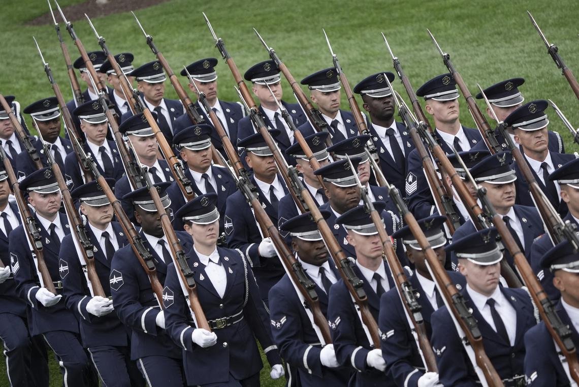 Members of the U.S. Space Force Honor Guard at an arrival ceremony for King Charles III and Queen Camilla on the South Lawn of the White House in Washington, on Tuesday, April 28, 2026. (Salwan Georges/The New York Times)
