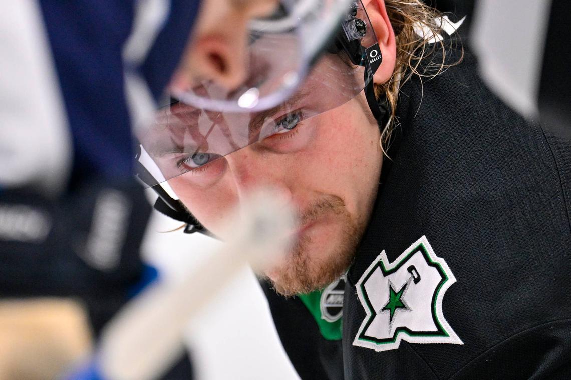  Dallas Stars center Roope Hintz (24) prepares for a face-off. Jerome Miron-Imagn Images