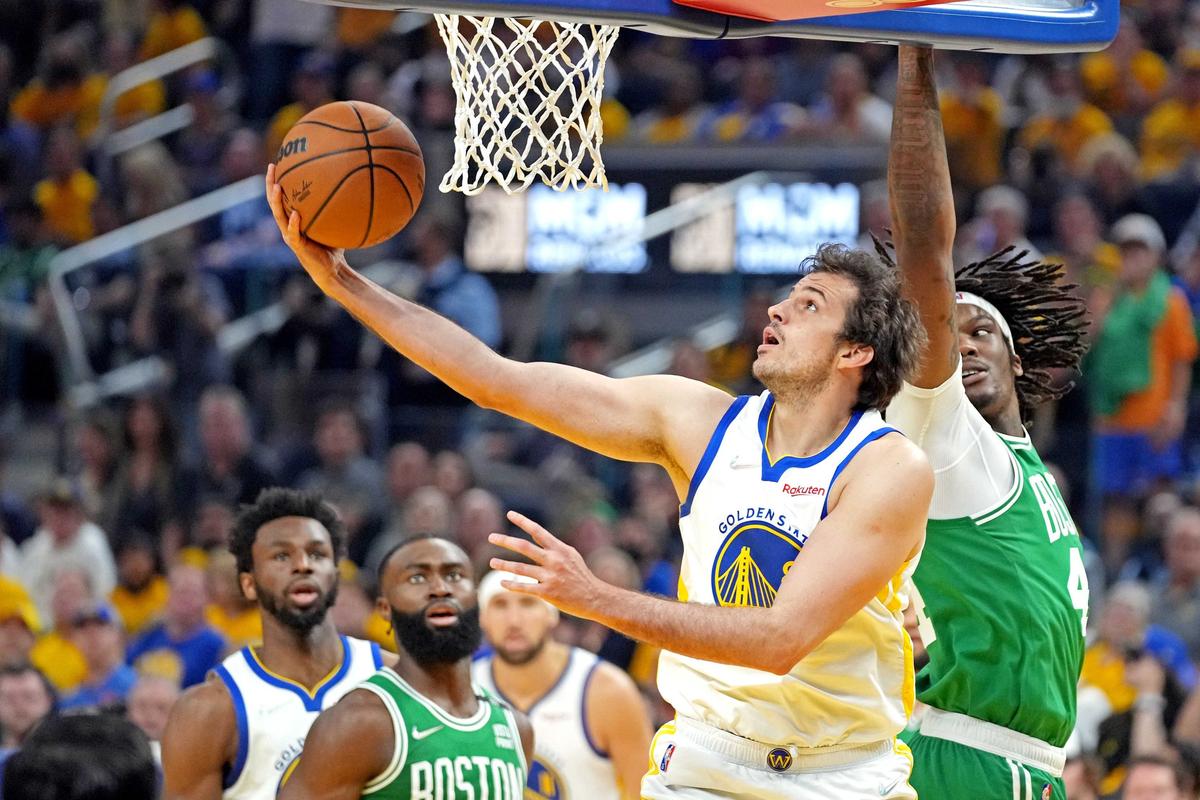 Jun 5, 2022; San Francisco, California, USA; Golden State Warriors forward Nemanja Bjelica (8) shoots the ball against Boston Celtics center Robert Williams III (44) during the second quarter during game two of the 2022 NBA Finals at Chase Center. Mandatory Credit: Kyle Terada-USA TODAY Sports