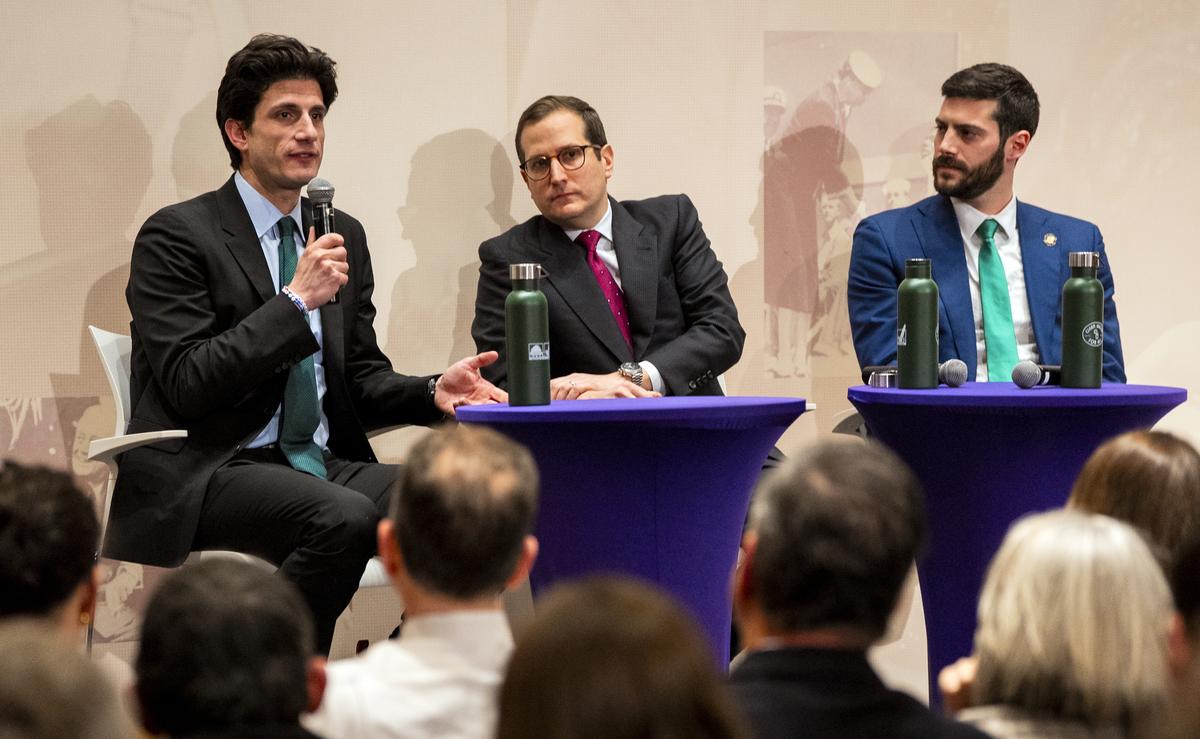 FILE -- From left: Jack Schlossberg, Alex Bores and Micah Lasher, all vying for the House seat held by the outgoing Rep. Jerrold Nadler (D-N.Y.), at a candidates forum in Manhattan on March 17, 2026. Nadler and Rep. Nancy Pelosi (D-Calif.) are retiring, prompting competitive races to succeed them. Whoever wins their seats could tap big donors and shape the Democratic Party. (Vincent Alban/The New York Times)