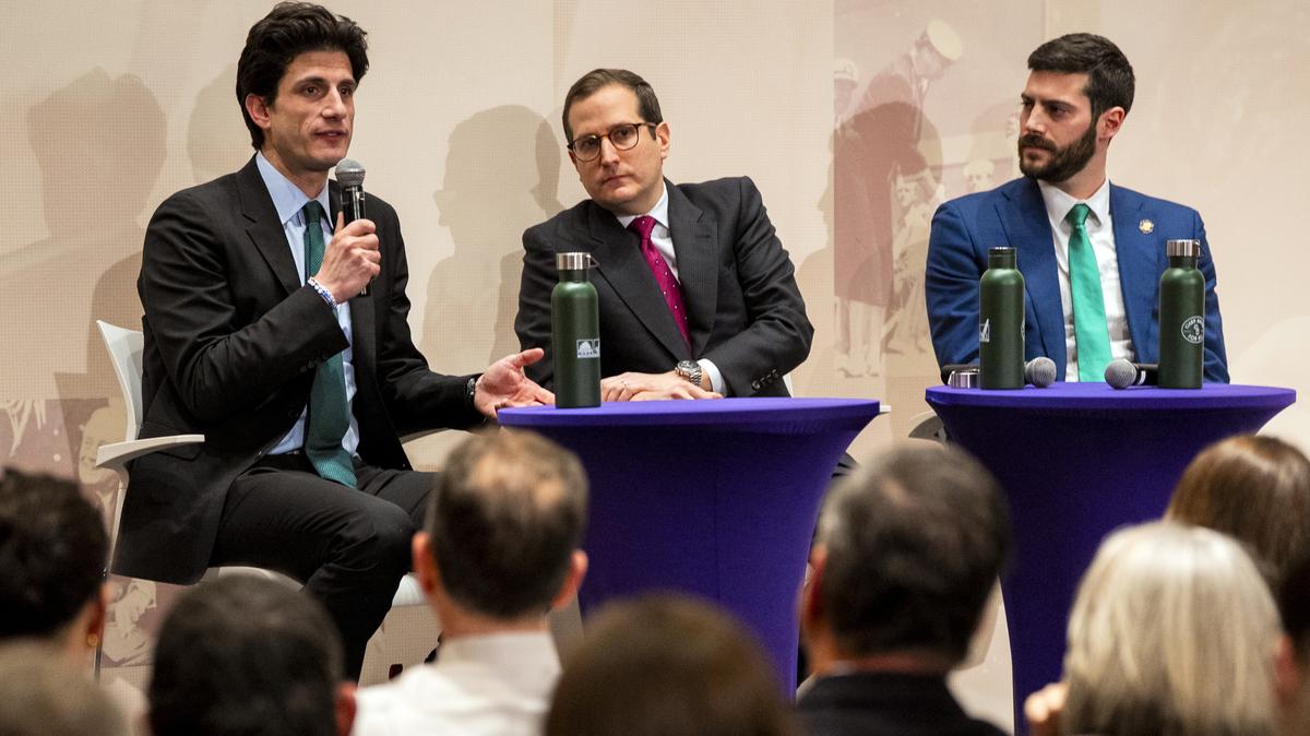 From left: Jack Schlossberg, Alex Bores and Micah Lasher, all vying for the House seat held by the outgoing Rep. Jerrold Nadler (D-N.Y.), at a candidates forum in Manhattan on March 17. Nadler and Rep. Nancy Pelosi (D-Calif.) are retiring, prompting competitive races to succeed them. Whoever wins their seats could tap big donors and shape the Democratic Party.
