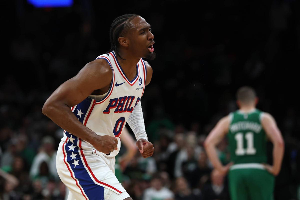  Philadelphia 76ers guard Tyrese Maxey celebrates win over Boston Celtics in Round 1 of 2026 playoffs Winslow Townson-Imagn Images