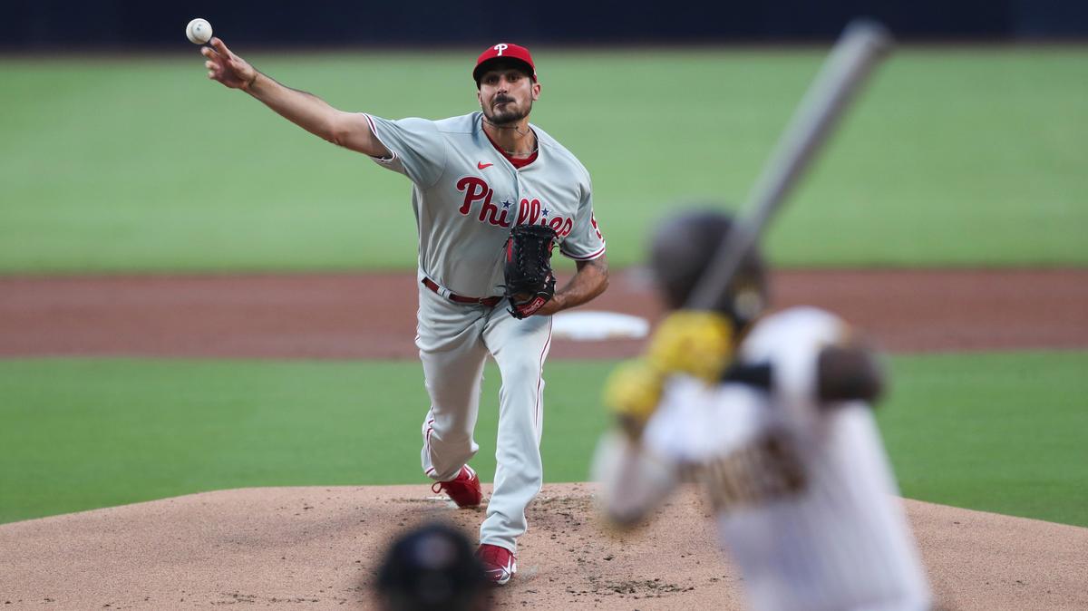 Philadelphia Phillies starting pitcher Zach Eflin throws to San Diego Padres’ Jurickson Profar during the first inning of a baseball game Saturday, June 25, 2022, in San Diego. (AP Photo/Derrick Tuskan)