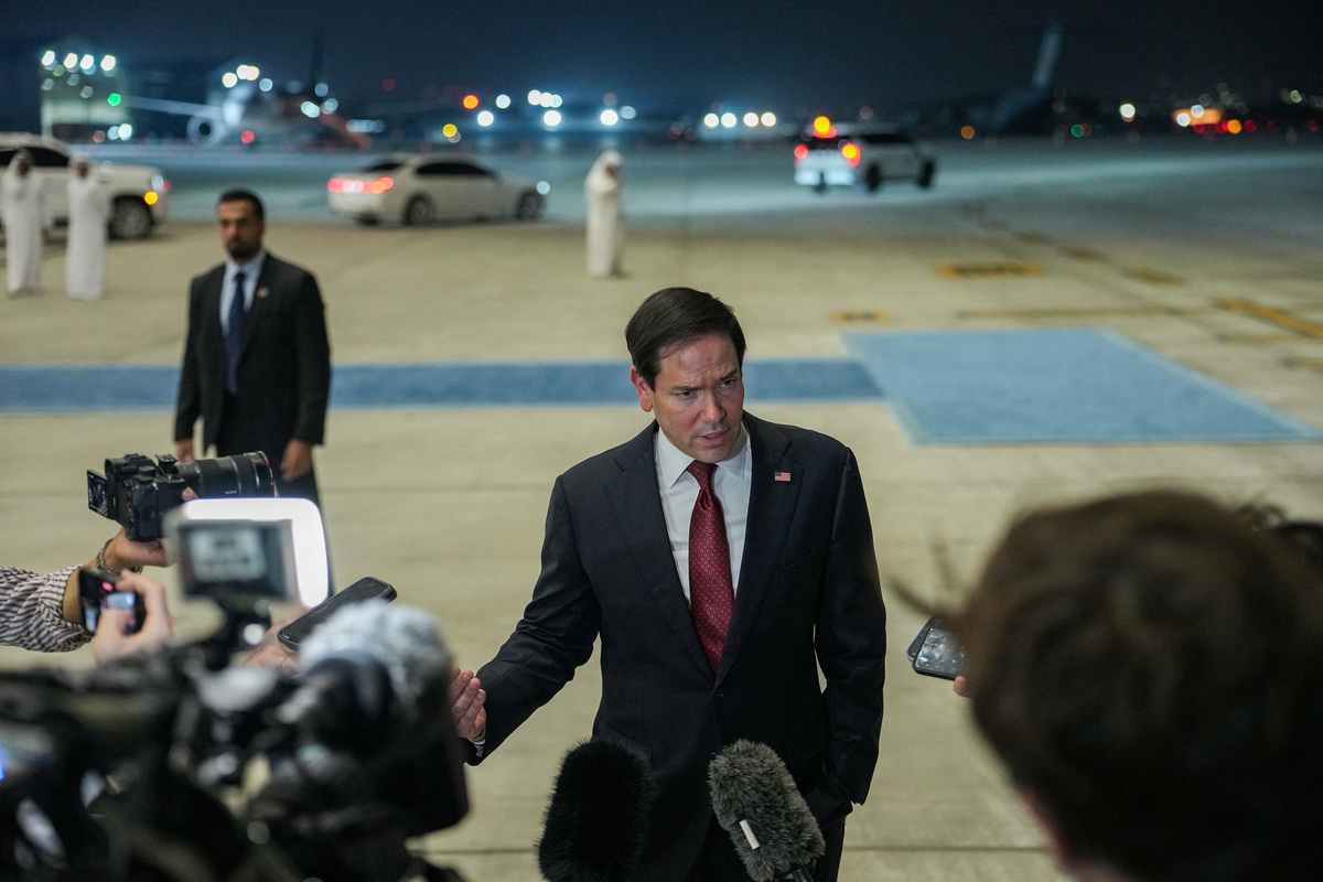 U.S. Secretary of State Marco Rubio speaks to the media upon his arrival at Al Bateen Executive Airport to discuss the interim deal between the U.S. and Iran with Arab Gulf allies, in Abu Dhabi, United Arab Emirates, June 23, 2026. REUTERS/Eric Lee/Pool
