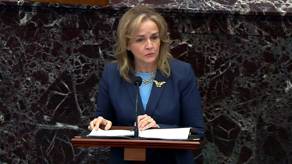 In this screenshot taken from a congress.gov webcast, Impeachment Manager Rep. Madeleine Dean, D-Pa., delivers closing arguments on the fifth day of former President Donald Trump's second impeachment trial at the U.S. Capitol on February 13, 2021, in Washington, D.C. (Handout/congress.gov via Getty Images/TNS)