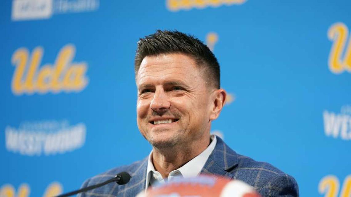 Dec 9, 2025; Los Angeles, CA, USA; Bob Chesney is introduced as UCLA Bruins football coach at press conference at Renee Luskin Conference Center Centennial Ballroom. Mandatory Credit: Kirby Lee-Imagn Images | Kirby Lee-Imagn Images 