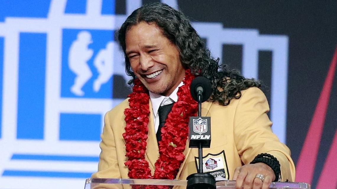 Troy Polamalu speaks during his enshrinement into the Pro Football Hall of Fame at Tom Benson Hall of Fame Stadium in Canton, Ohio, on August 7, 2021. The former NFL player turns 45 on April 19. File Photo by Aaron Josefczyk/UPI