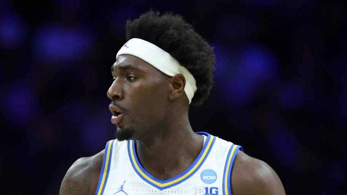  Mar 20, 2026; Philadelphia, PA, USA; UCLA Bruins forward Eric Dailey Jr. (3) reacts against the UCF Knights in the first half during a first round game of the men's 2026 NCAA Tournament at Xfinity Mobile Arena. Mandatory Credit: Bill Streicher-Imagn Images | Bill Streicher-Imagn Images 