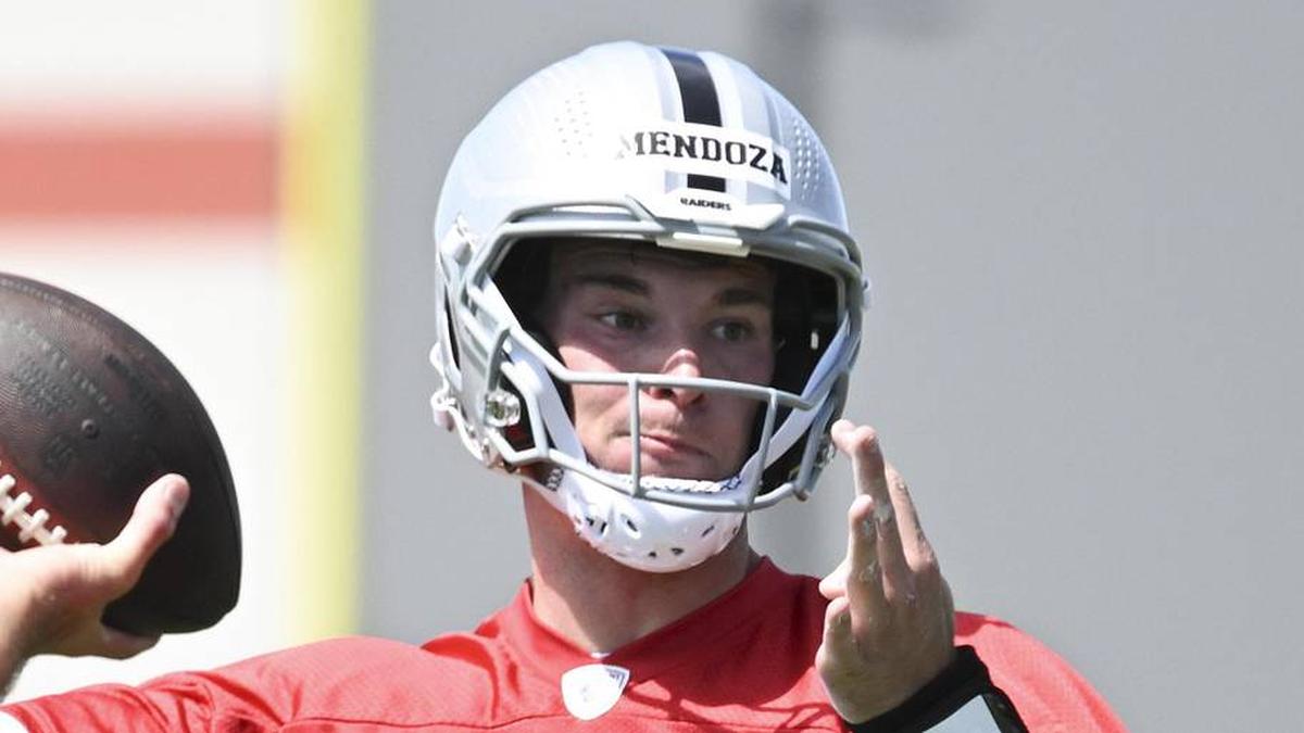  May 2, 2026; Henderson, NV, USA; Las Vegas Raiders quarterback Fernando Mendoza (15) runs through a drill during a Rookie Minicamp at Intermountain Health Performance Center. Mandatory Credit: Candice Ward-Imagn Images | Candice Ward-Imagn Images 