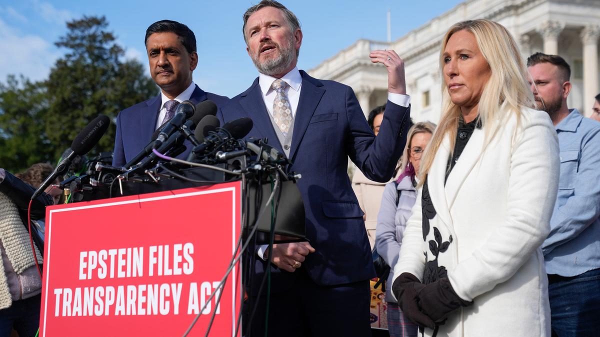 Nov 18, 2025; Washington, DC, USA; Reps. Thomas Massie (R-KY), center, and Ro Khanna (D-CA), left, and Rep. Marjorie Taylor Greene (R-GA) who are leading the charge to release files related to the late disgraced financier Jeffrey Epstein, speaking Tuesday morning.