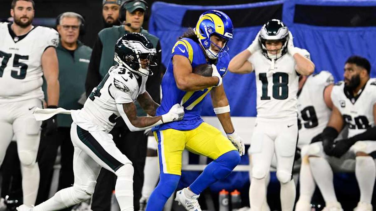  Nov 24, 2024; Inglewood, California, USA; Los Angeles Rams wide receiver Puka Nacua (17) runs against Philadelphia Eagles cornerback Isaiah Rodgers (34) during the second half at SoFi Stadium. Mandatory Credit: Alex Gallardo-Imagn Images | Alex Gallardo-Imagn Images 