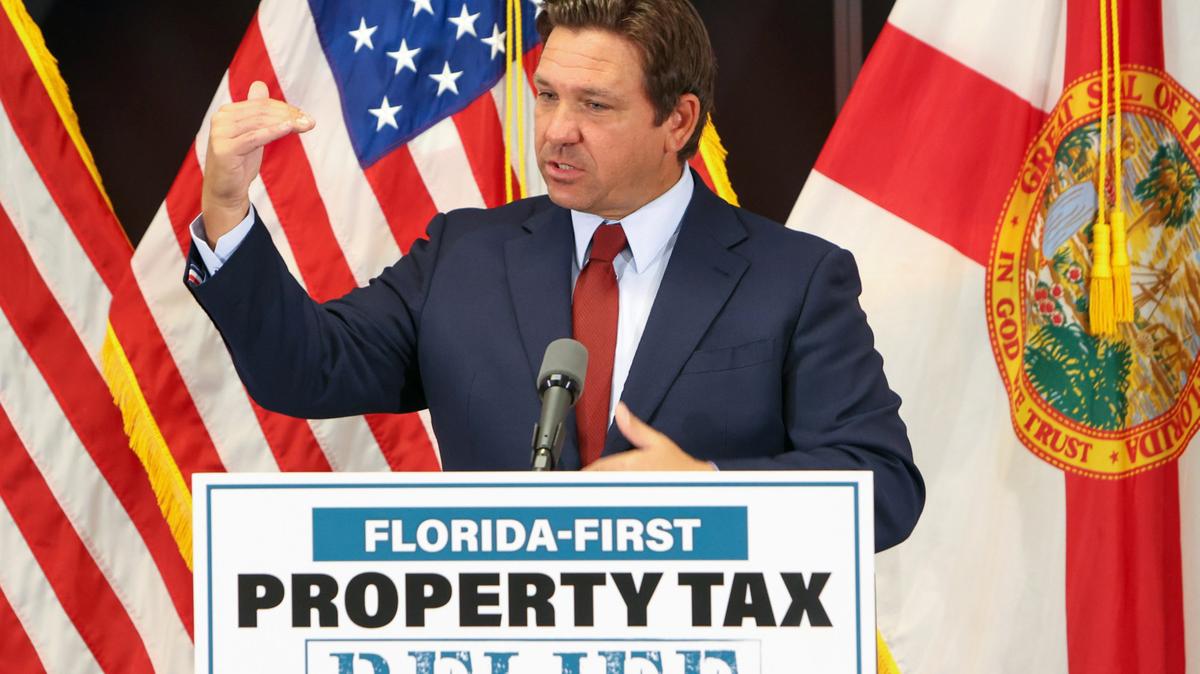 Gov. Ron DeSantis speaks about his proposal for Florida to become the first state to abolish property taxes during a news conference at the Florida REALTORS headquarters in Orlando on Monday, March 31, 2025. (Rich Pope/Orlando Sentinel/TNS)