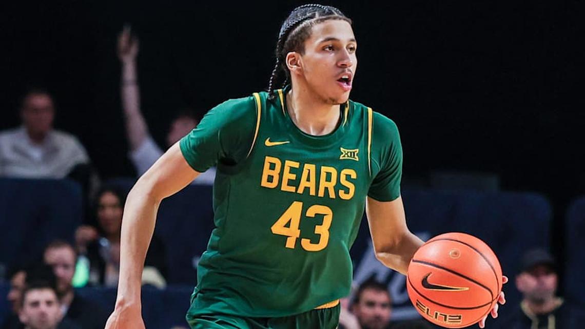 Feb 28, 2026; Orlando, Florida, USA; Baylor Bears guard Cameron Carr (43) brings the ball up court during the second half against the UCF Knights at Addition Financial Arena. Mandatory Credit: Mike Watters-Imagn Images | Mike Watters-Imagn Images 