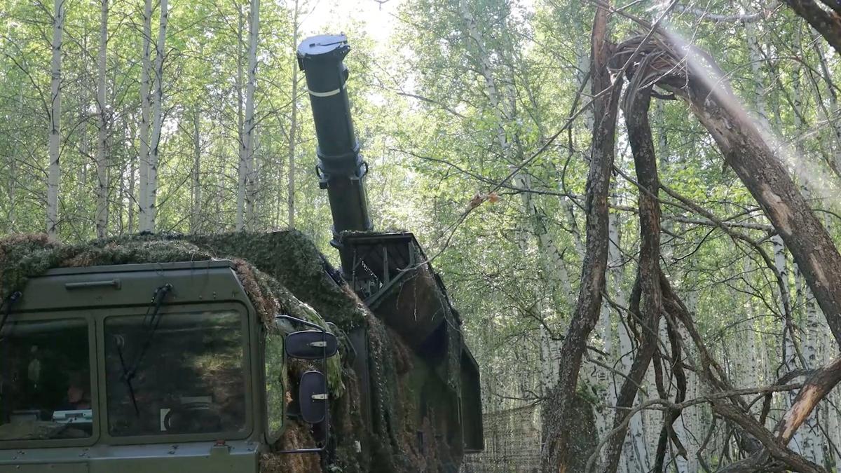A Russian Iskander-M missile launcher in action during a nuclear forces exercise at an unidentified location in Russia, in this still image taken from handout footage released on May 20, 2026.  Russian Defence Ministry/Handout via REUTERS