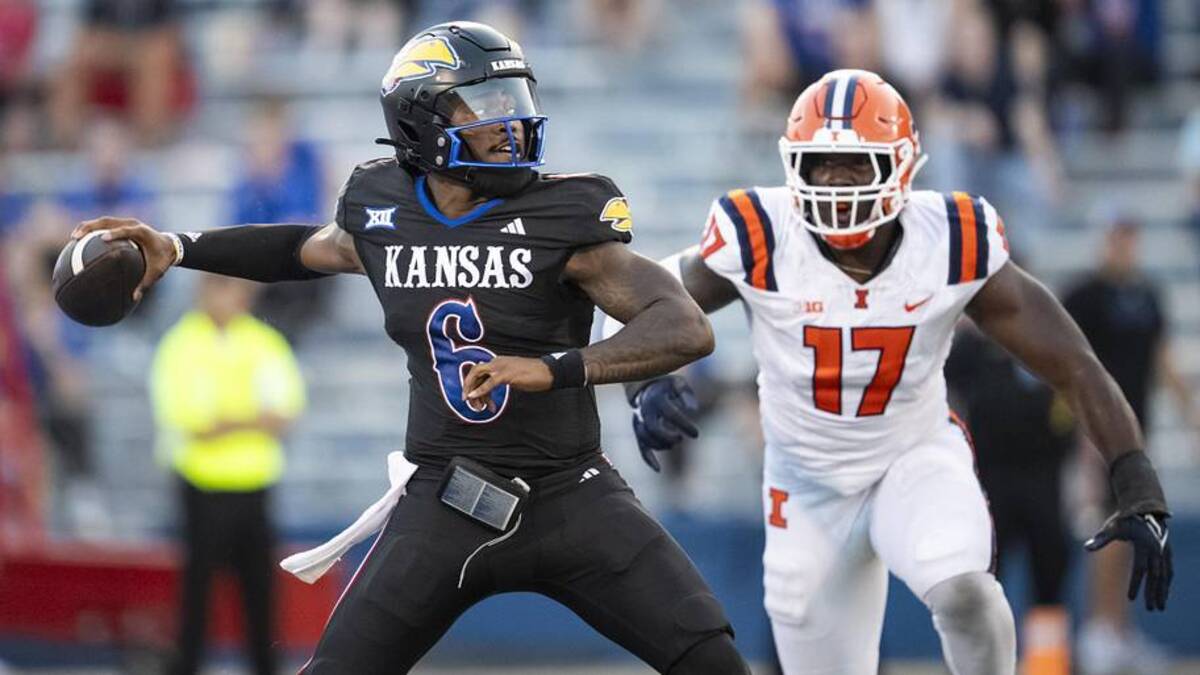  Sep 8, 2023; Lawrence, Kansas, USA; Kansas Jayhawks quarterback Jalon Daniels (6) throws a pass against Illinois Fighting Illini linebacker Gabe Jacas (17) during the first half at David Booth Kansas Memorial Stadium. Mandatory Credit: Jay Biggerstaff-Imagn Images | Jay Biggerstaff-Imagn Images 
