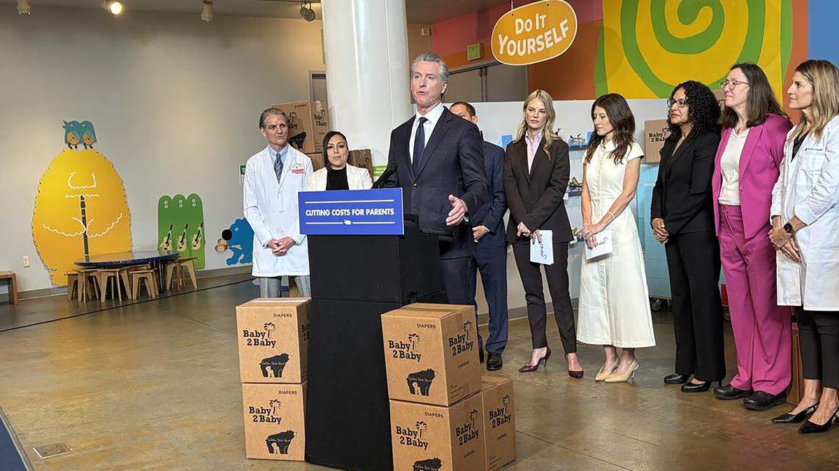 Gov. Gavin Newsom announced the Golden State Start program on Friday, May 8, 2026, which will give all parents of newborns a supply of 400 diapers when they leave California hospitals after giving birth. (Lia Russell/The Sacramento Bee/TNS)