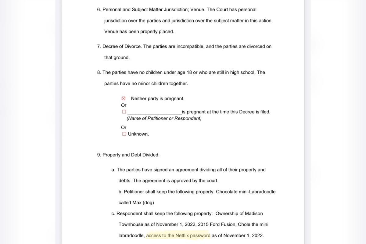  A picture of the divorce papers that specified the Netflix clause. 