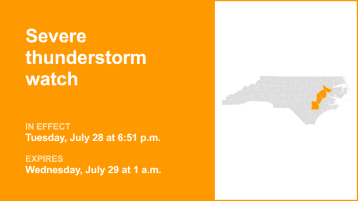 UPDATE: Severe thunderstorm watch affecting Eastern North Carolina until 1 a.m. Wednesday 