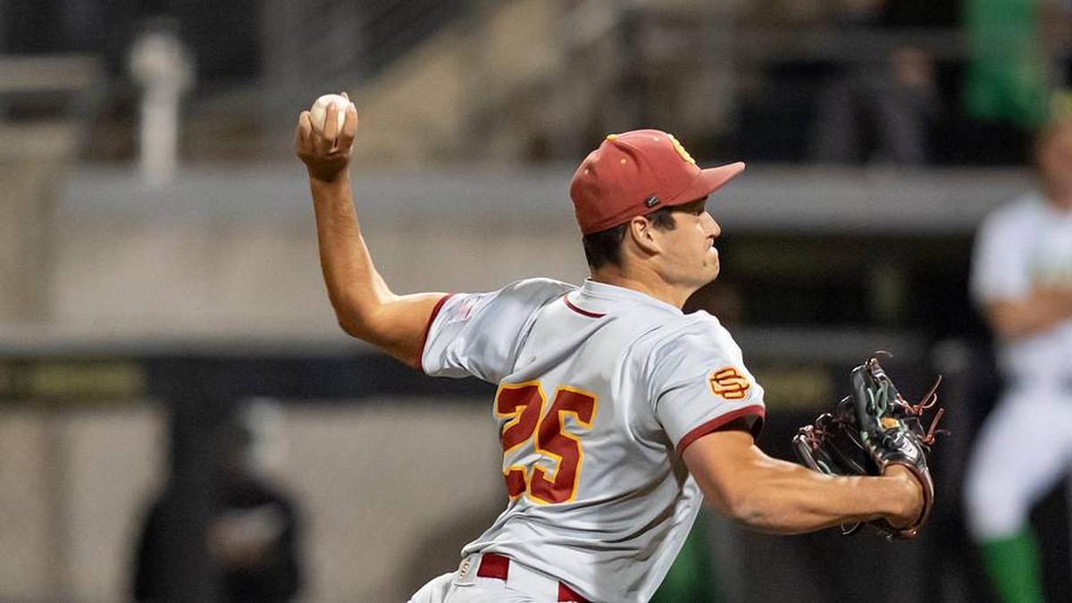  USC pitcher Sax Matson throws a pitch as the Oregon Ducks host the USC Trojans on May 14, 2026, in Eugene, Oregon. | Ben Lonergan/The Register-Guard / USA TODAY NETWORK via Imagn Images 