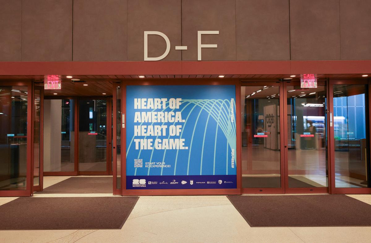 A sign advertising the 2026 FIFA World Cup stands at Kansas City International Airport in Kansas City, Missouri, U.S., May 9, 2026. REUTERS/Katie Currid